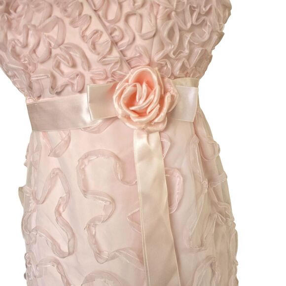 VTG 80s Pink Floral Ribbon Overlay Gown Rosette Waist Formal Dress Coquette Hoco - Picture 5 of 9